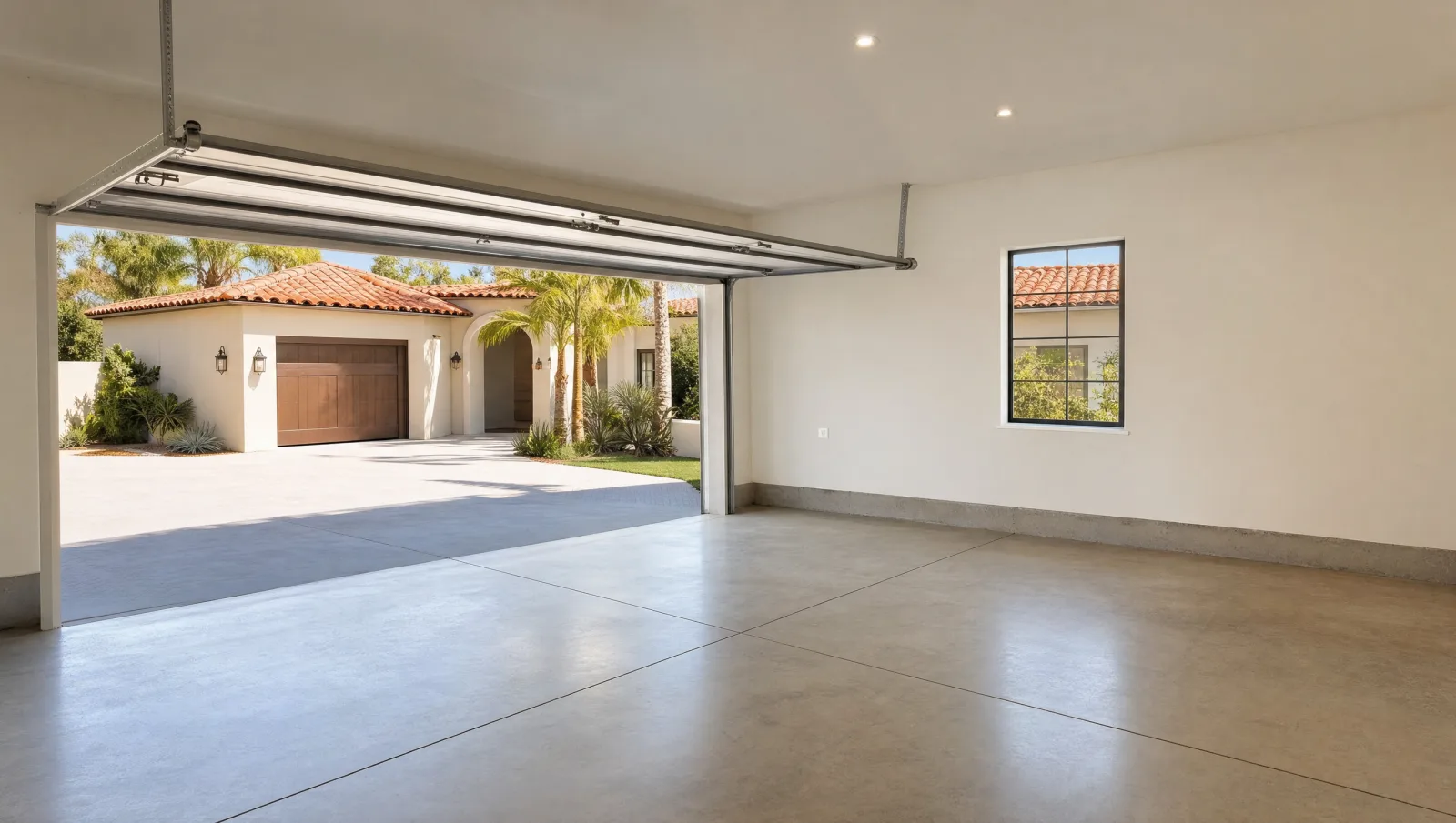 A garage cleared down to bare concrete